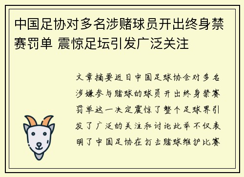 中国足协对多名涉赌球员开出终身禁赛罚单 震惊足坛引发广泛关注 中国足协对多名涉赌球员开出终身禁赛罚单 震惊足坛引发广泛关注